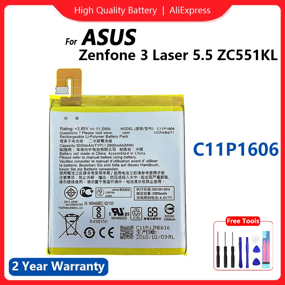 

100% Original C11P1606 Phone Battery For ASUS Zenfone 3 Laser 5.5" ZC551KL High Capacity Batteries 3000mAh Bateria+Gift Tools