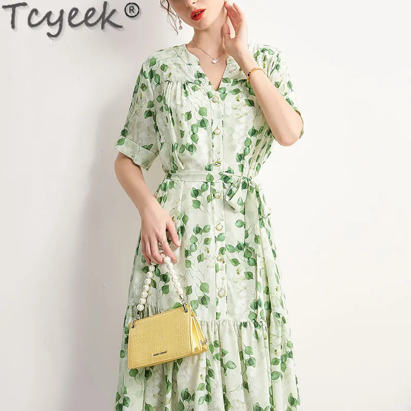 

Tcyeek 100% Real Mulberry Silk Summer Dress 2024 Elegant Long Dresses for Women Green Dress Female Clothing Loose Print Dress