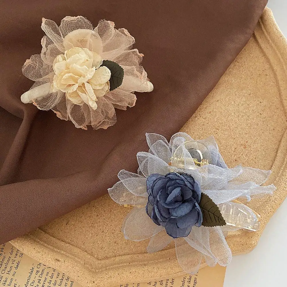 

Flower Hair Clip Retro Rose Mesh Hair Claw Grip for Women Anti-slip Lightweight Ponytail Holder with Fake Flower Decor Strong