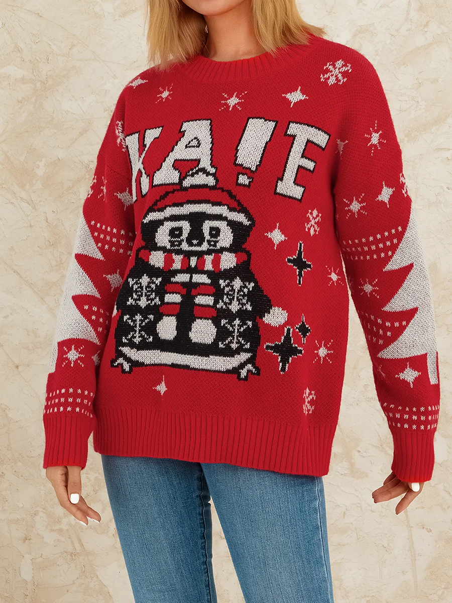 Men Women Christmas Sweater Reindeer Patterned Crew Neck Long Sleeve Pullover Knitwear with Rib-Knit Hem XS M L XL