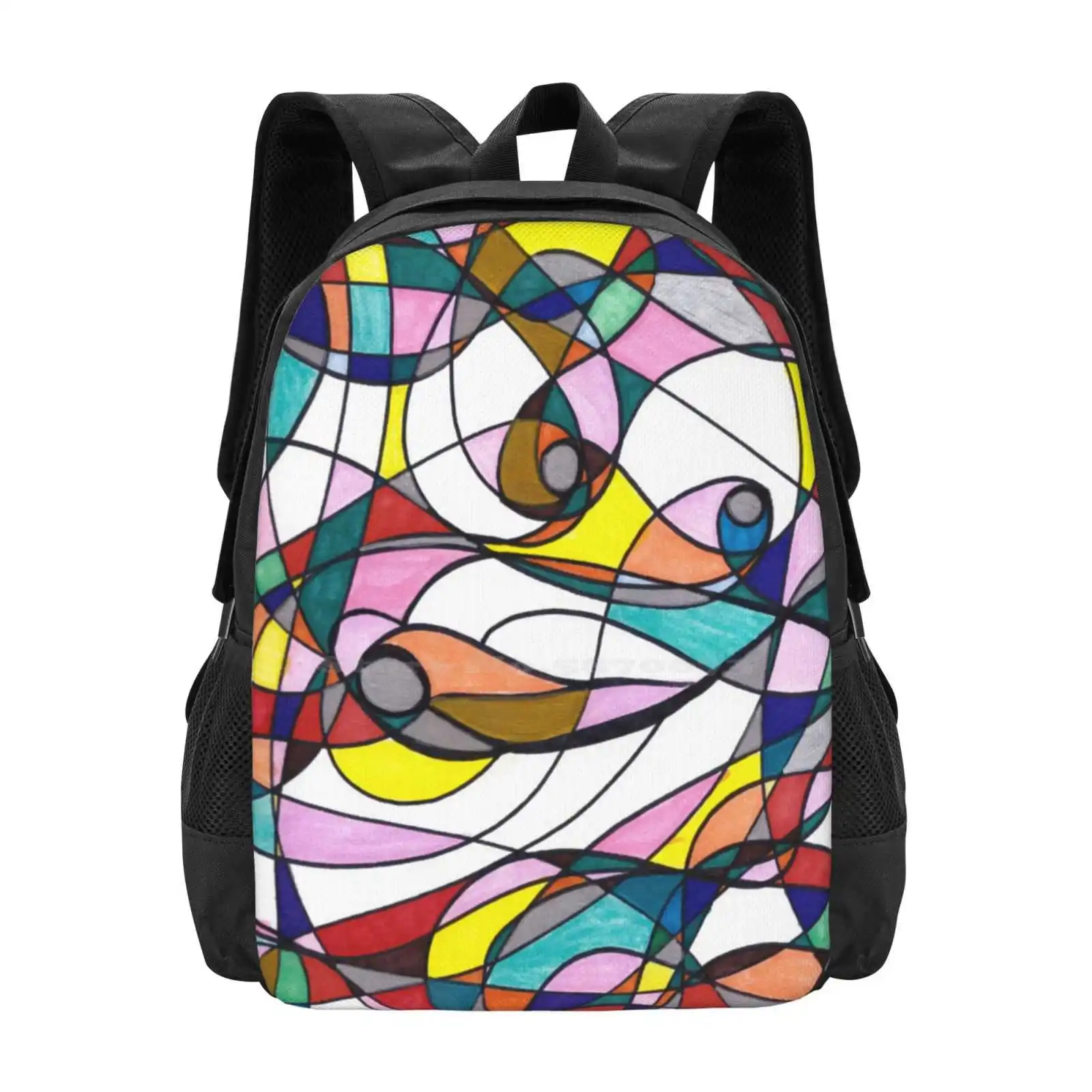 

Doodle Fun Teen College Student Backpack Pattern Design Bags Bright Funky Up Woman Eyes Fish Swirls Colours Graphic Geometric