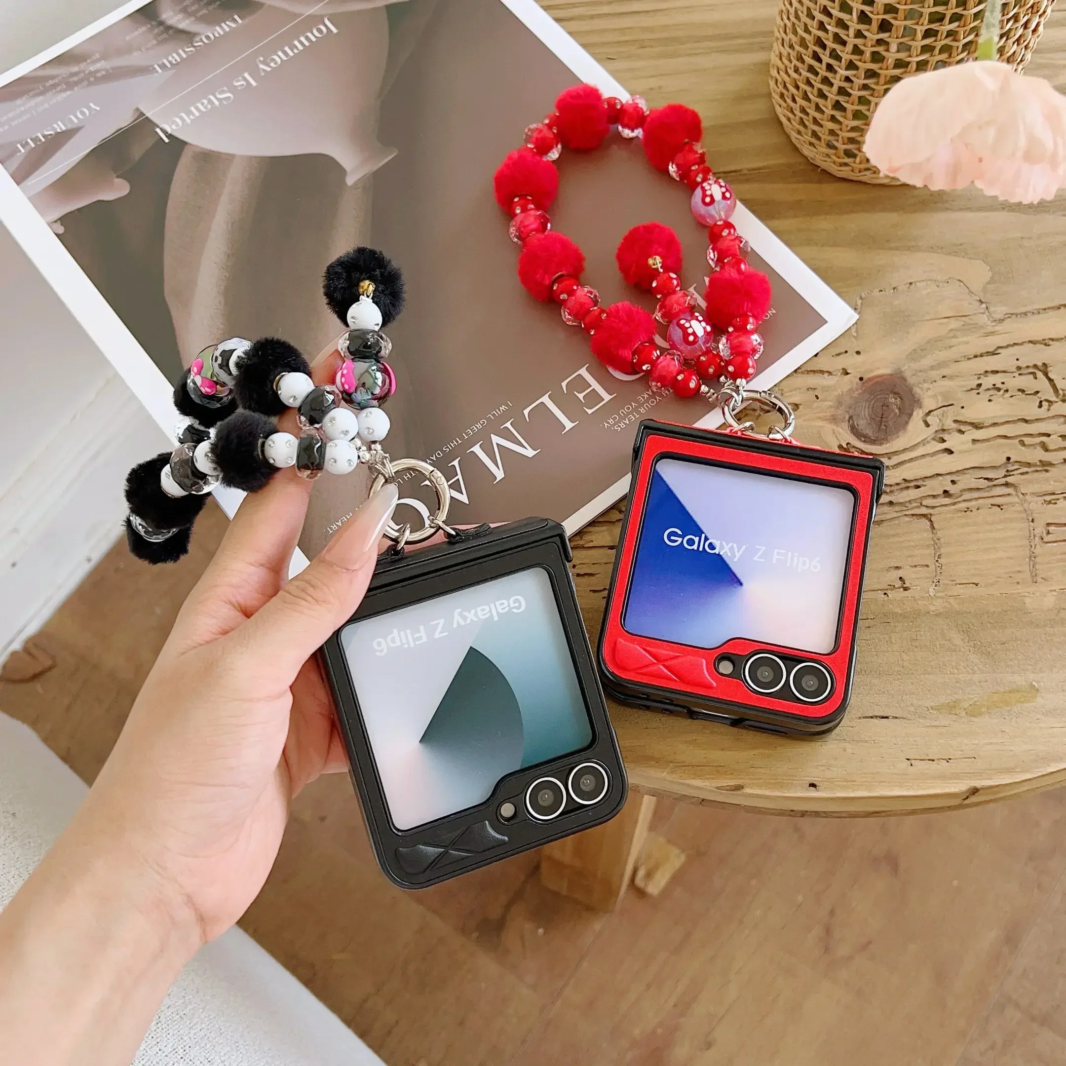 Cute Bobbles Glitter Bead PU Leather Wrist Strap Phone Case with Hinge Protection and Shockproof Cover