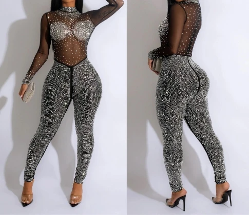 Sexy Jumpsuits for Women 2023 Overalls Fashion Nightclub Female Clothing Hot Drill Long-Sleeved See-Through Trousers Jumpsuit
