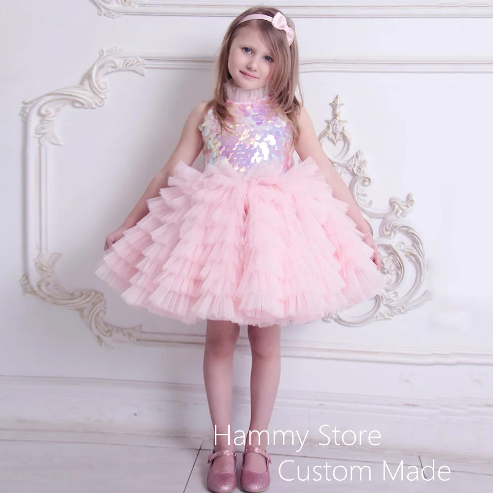 

Fashion Flower Girl Dress High Neck Colorful Sequined Tiered Tulle A Line Birthday Party Gown for Pageant First Communion Dress