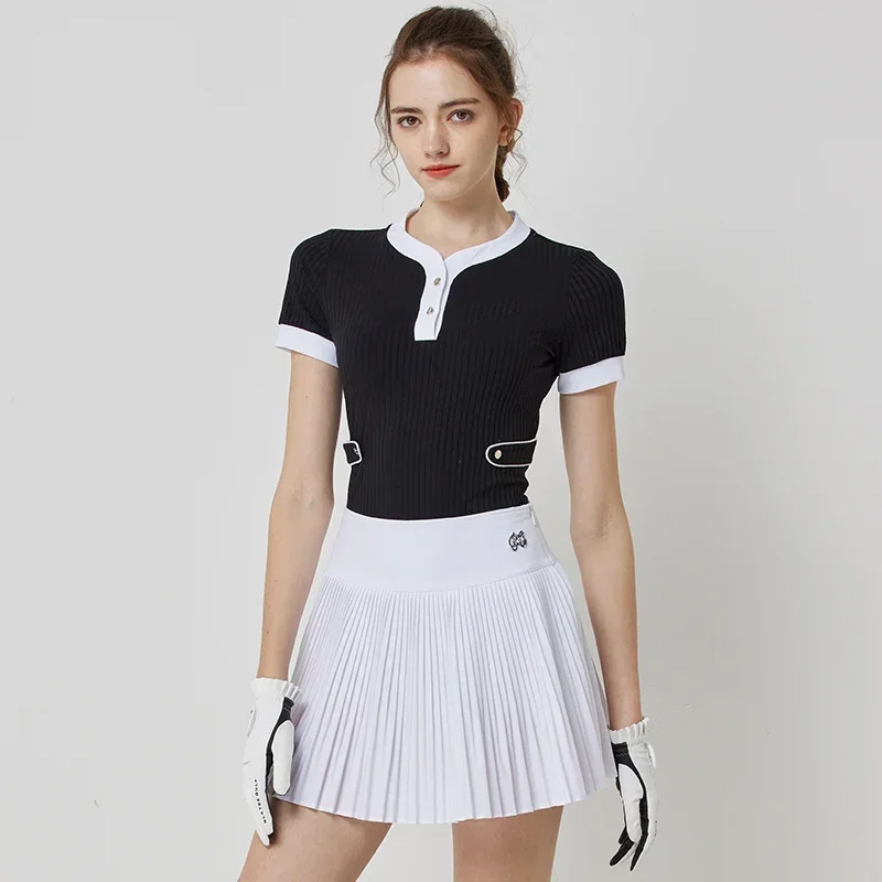 Blktee Woman Patchwork Short Sleeve Shirt Slim Fast Dry Golf T-shirt Anti-light Pleated Skirt High Waist Elegant Casual Skort