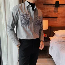 

Spring Autumn European American Men's Simple Long-sleeve Shirt Business Casual Double Pocket Shirt Trend of British Men's Wear