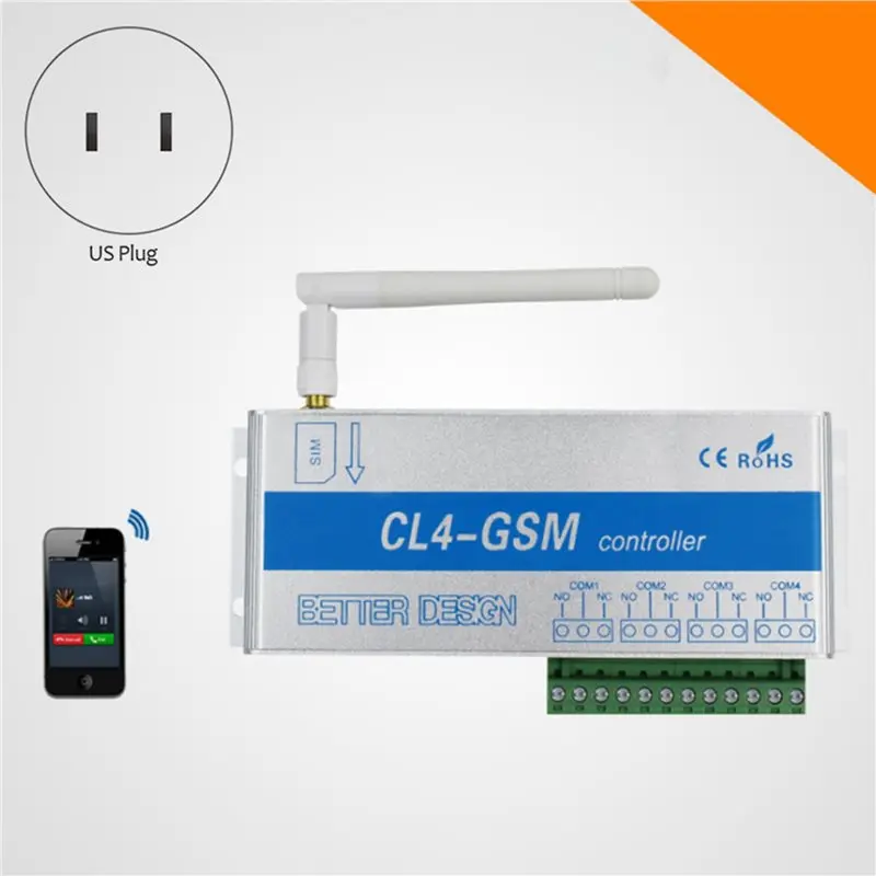 FULL-2X 4 채널 릴레이 CL4-GSM SMS GSM APP 무선 컨트롤러 GSM 수신기 및 스위치 게이트/도어 오프너 오퍼레이터(미국 플러그)