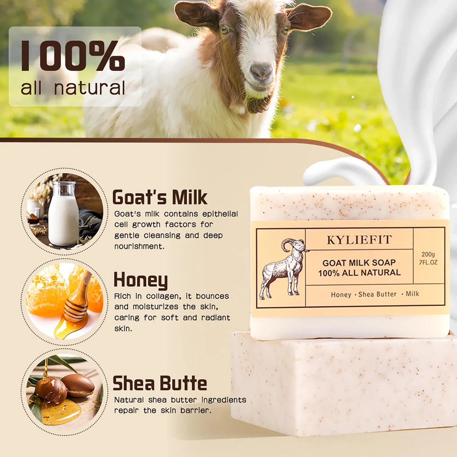 KYLIEFIT Goat Milk Brightening Soap Bar, Remove Spots, Natural, Lightening, Cleaning, Moisturize, With Honey, Shea Butter, 200g