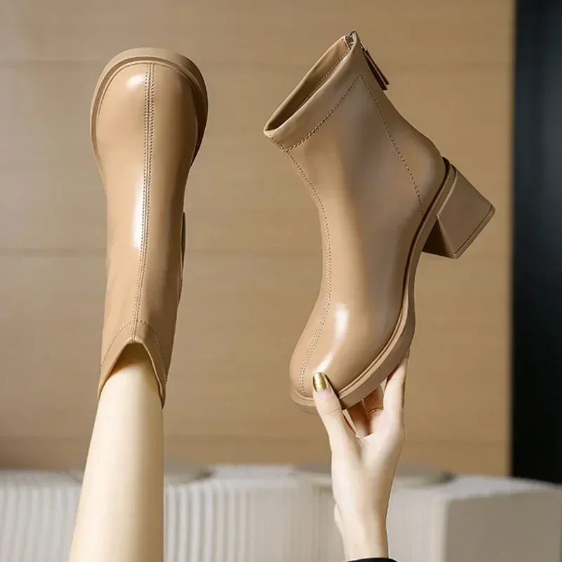 Boots for Women Fashion Chunky Heels Ankle Boots Female Winter White Warm Plush Short Boots Shoes Ladies High Heel Shoes 2024