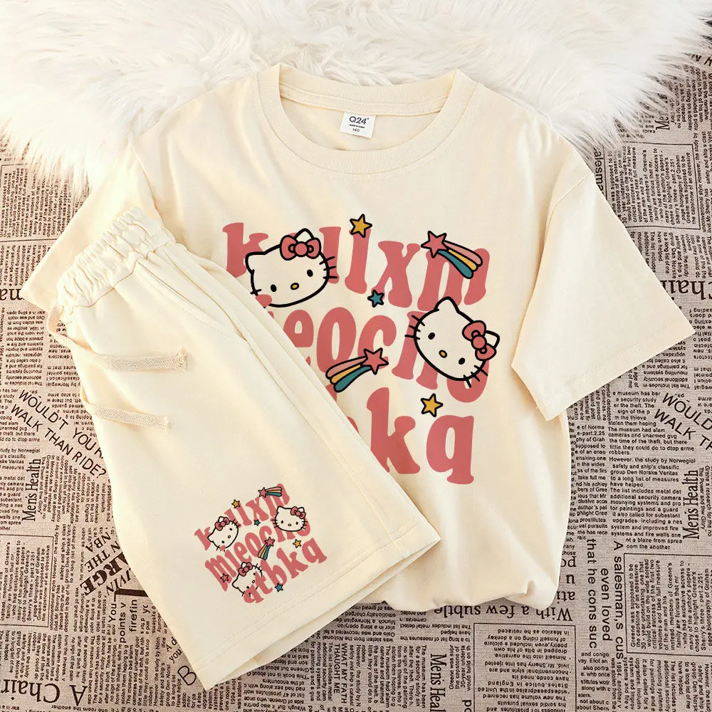 

New Hello Kitty Anime Kawaii Sanrio Short Sleeve Shirt Pants Set Cute Cartoon Summer Print Children Clothing Gifts for Kids