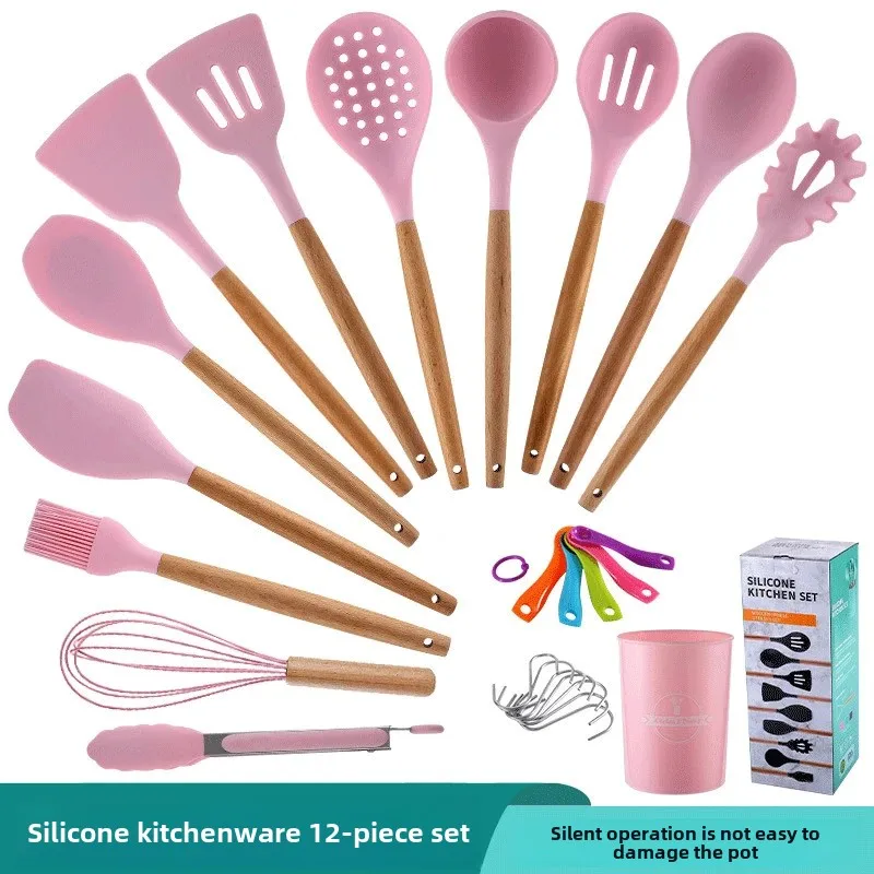 Nordic Pink Wood Handle Silicone Kitchen Utensil Set Combination Storage Bucket Soup Spoon 9 Piece Set 11 Piece 12