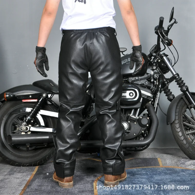VOLERO 남성용 오토바이 퀵 릴리스 바지 겨울 오토바이 PU 가죽 바지 방풍 방수 모토크로스 바지(무릎 패드 포함)