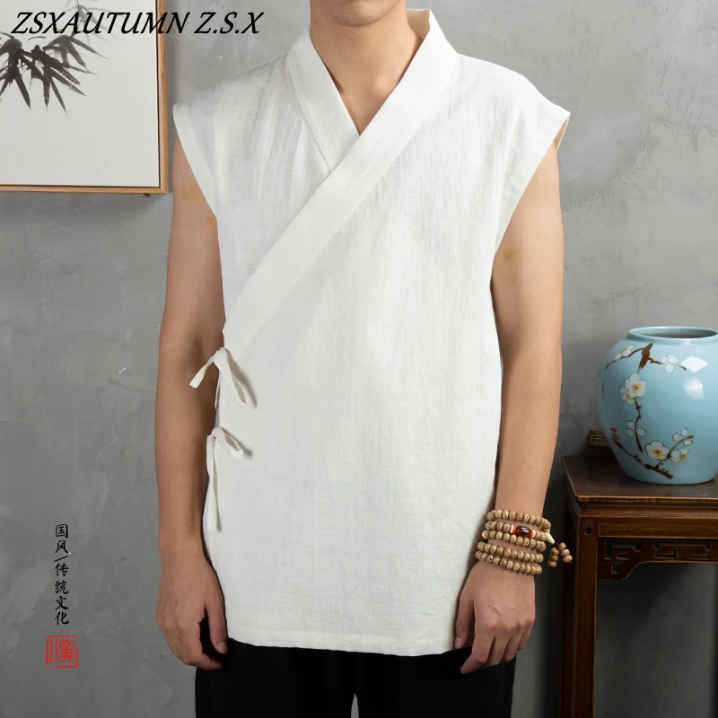 

Hanfu Shirt Men Sleeveless Cardigan Solid Slit Chinese Traditional Clothing Men's Tang Suit Top Vintage Loose Linen Shirts Men