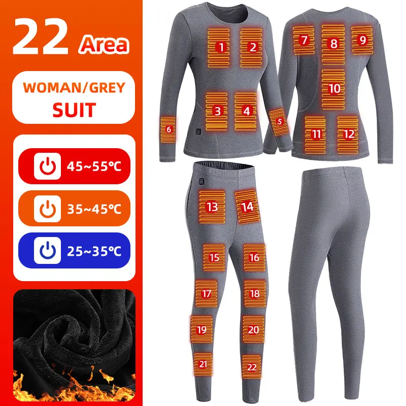 thumbnail image 1 of Conjunto de ropa interior con calefacción de 22 zonas para hombre y mujer, traje de invierno con calefacción, pantalón térmico para motocicleta con alimentación eléctrica por USB, 1 of 5