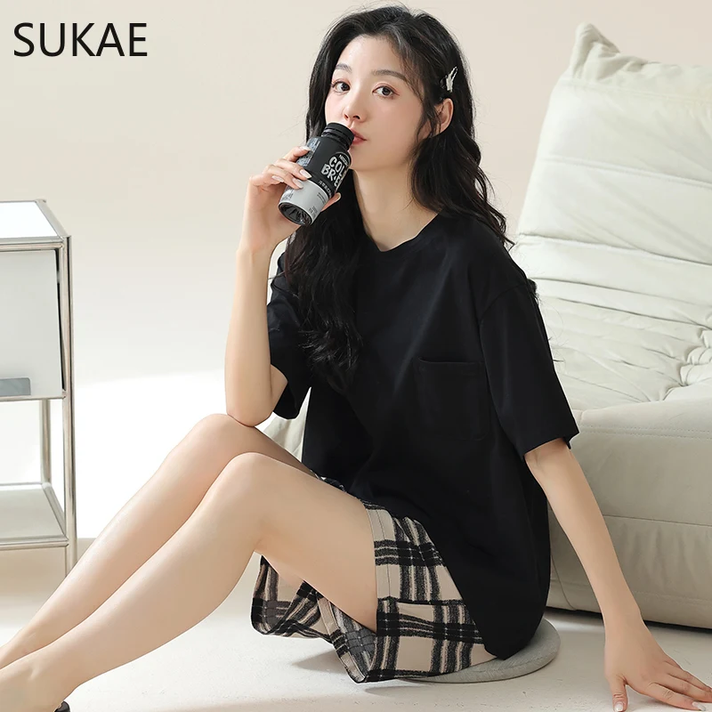 Womens Pajamas Set Summer Women Shorts Cotton Nightwear Short Sleeves Pullover Leisure Lady Sleepwear Casual Pijamas Set