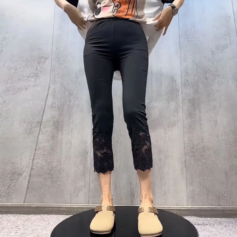 Women's Solid Summer New Minimalist Commute Elastic Patchwork Lace Pocket Hollow Out Straight Slim High Waist Calf-Length Pants