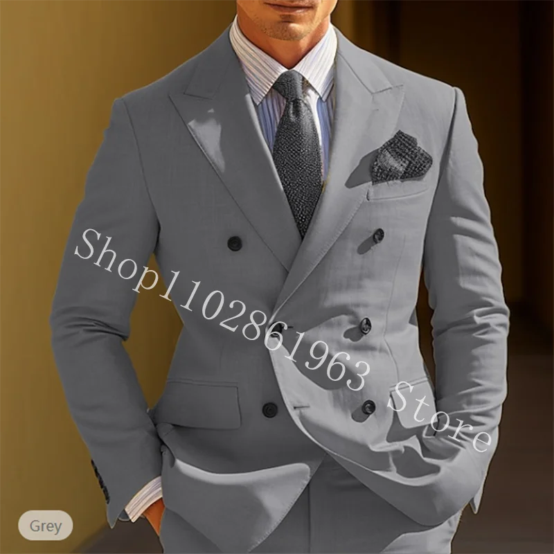 khaki Linen 2 Pieces Men Suit Slim Fit Peak Lapel Double Breasted Best Men Groom Wedding Party Tuxedo Blazer Pants Costume Homme