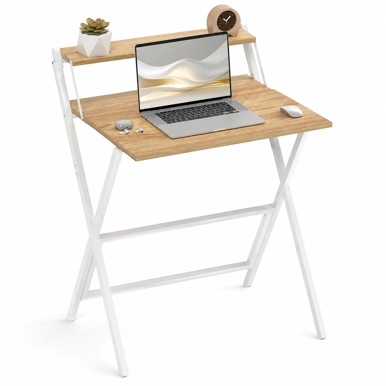 Folding Computer Desk 70 cm with Monitor Shelf, Small Home Office Writing Table, Natural Wood Finish, Space-Saving Foldable Workstation for Study, Laptop and Monitor, Sturdy X-Frame Design