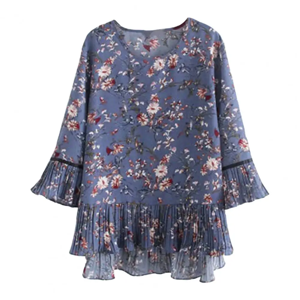 

Spring Top Floral Print Women Blouse Stylish Summer Women's Tops O-neck Ruffle Hem T-shirt Floral Print Chiffon Blouse V for A