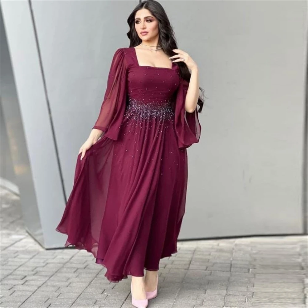 

Retro Square Collar A-Line Chiffon Beading Prom Dress for Women Ankle-length Evening Party Gown Formal Dresses فساتين السهرة