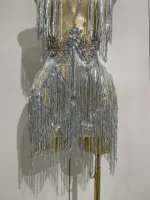 Sparkly Rhinestone Tassels Sexy Mesh Mini Dress 2025 Women Evening Birthday Party Dresses Nightclub Performance Stage Costume - Image 6