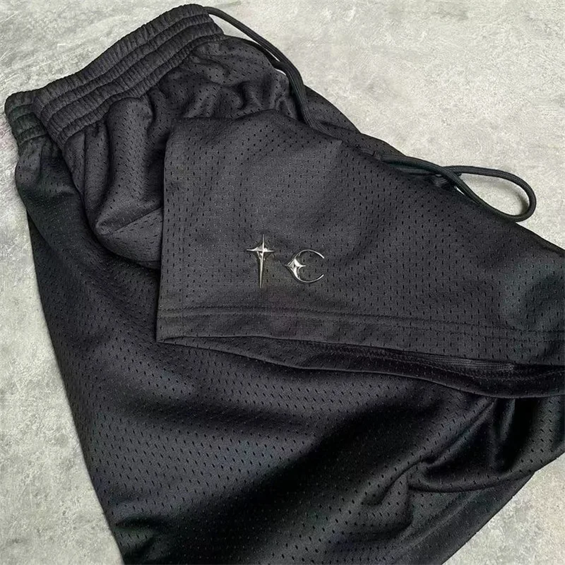 Black Athletic Breathable Mesh THUG CLUB TC Mesh Shorts Mens Womens Loose Drawstring Retro Casual Shorts Summer Athletic Shorts