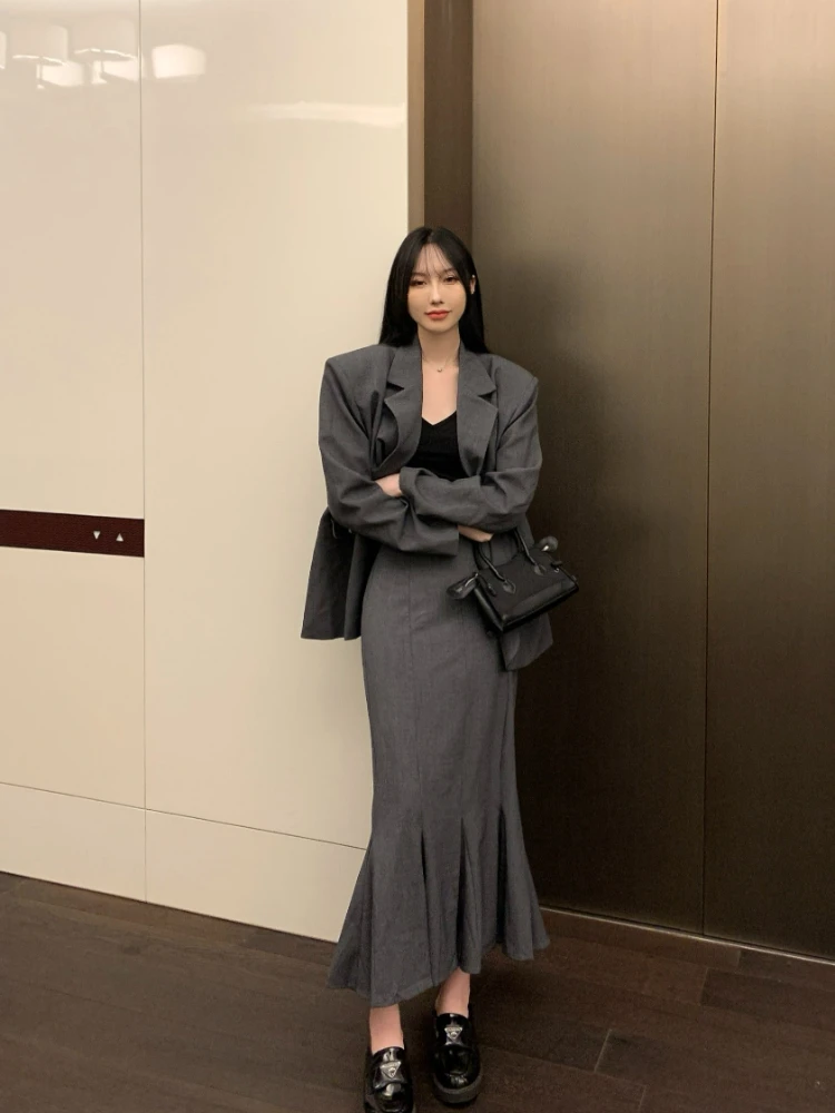 Women's Blazer Suits Skirt Sets Ladies Korean Design Side Button Suit + High Waist Slim Mid-length Fishtail Skirt Blazers