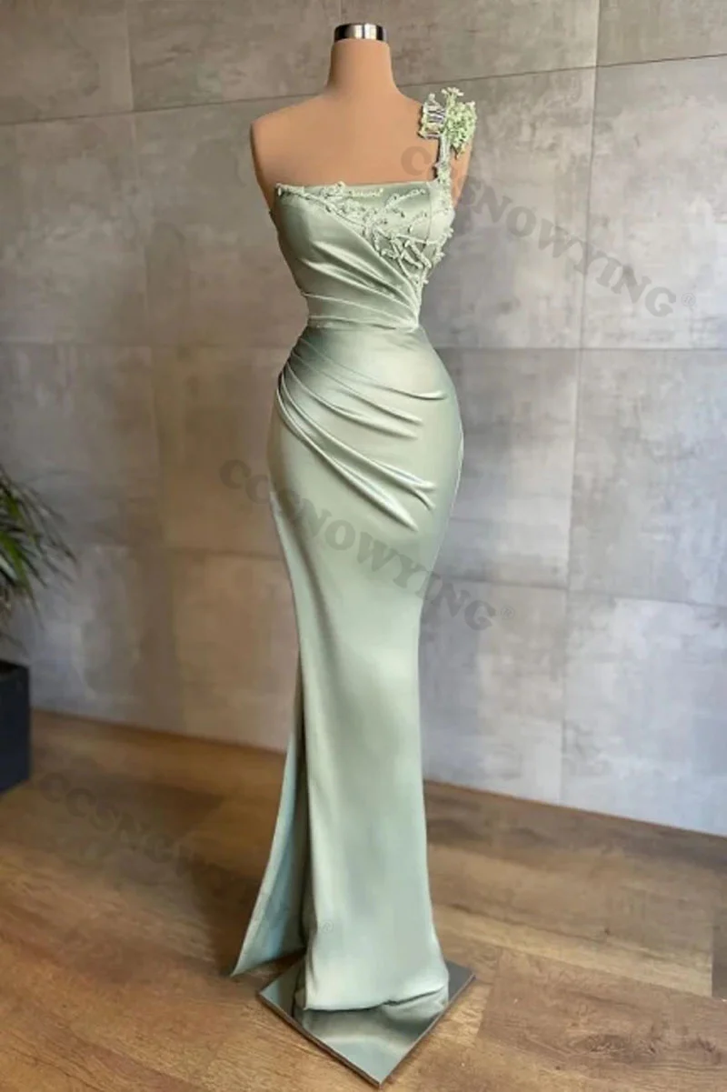 

Sexy Mermaid One Shoulder Prom Dresses Satin Appliques Beaded High Slit Formal Evening Party Dress Robe De Soiree