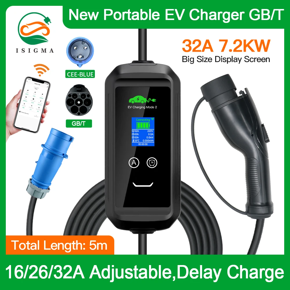 

Isigma APP GBT EV Charger WIFI Bluetooth Support 16A 1/3P 3.6/11KW 32A 7.2KW EU Plug For Home Charge Delay Control By Phone IP66