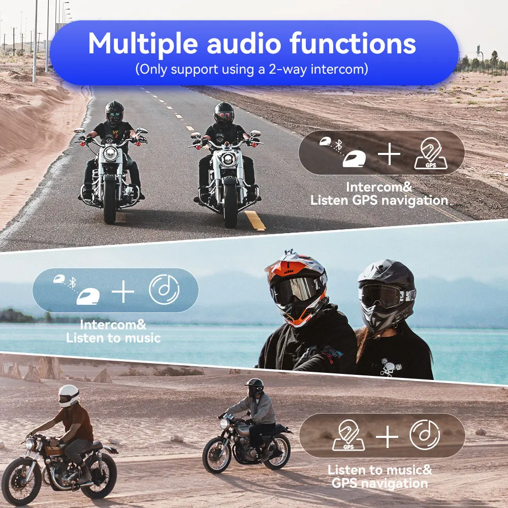 Lexin LX-GTX Intercom Moto Bluetooth One Button Pairing Motorcycle Helmet Headsets, Talk&Listen to Music at the Same Time 2PCS