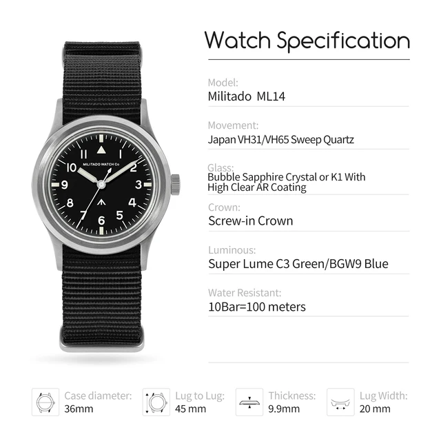 Militado ML14 パイロットウォッチ スイープクォーツ　未使用品 ろ*く様 Militado ML14 パイロットウォッチ スイープクォーツ 未使