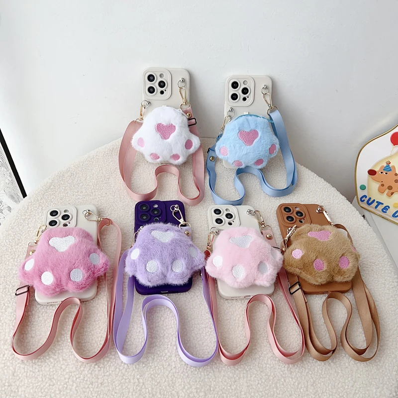Plush Cat Paws Wallet Case with Rope - Enhanced Design