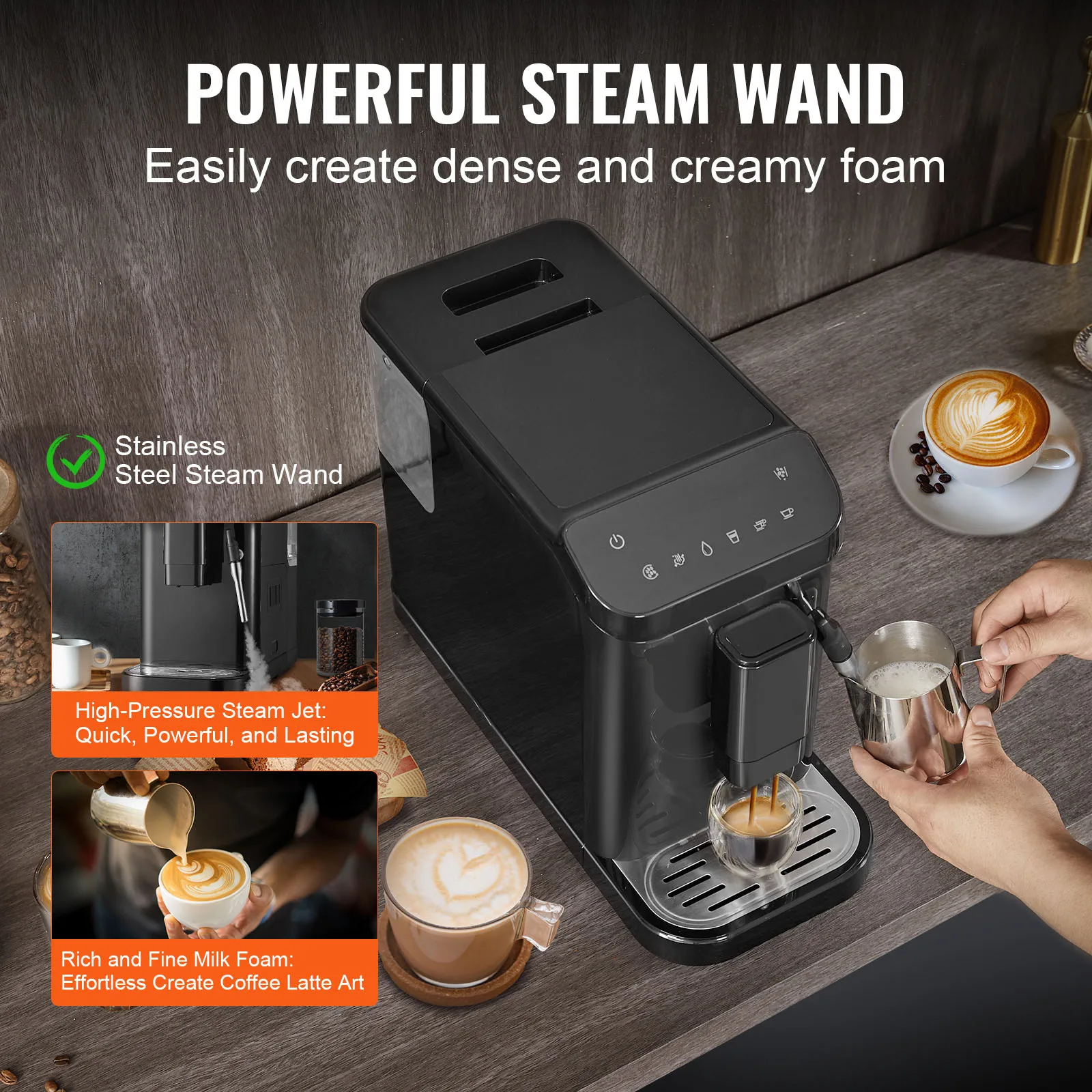 VEVOR Automatic Espresso Machine,20 Bar Auto Coffee Machine w/Frother Steam Wand,Built-In Grinder and 15-Level Grinding Settings 4