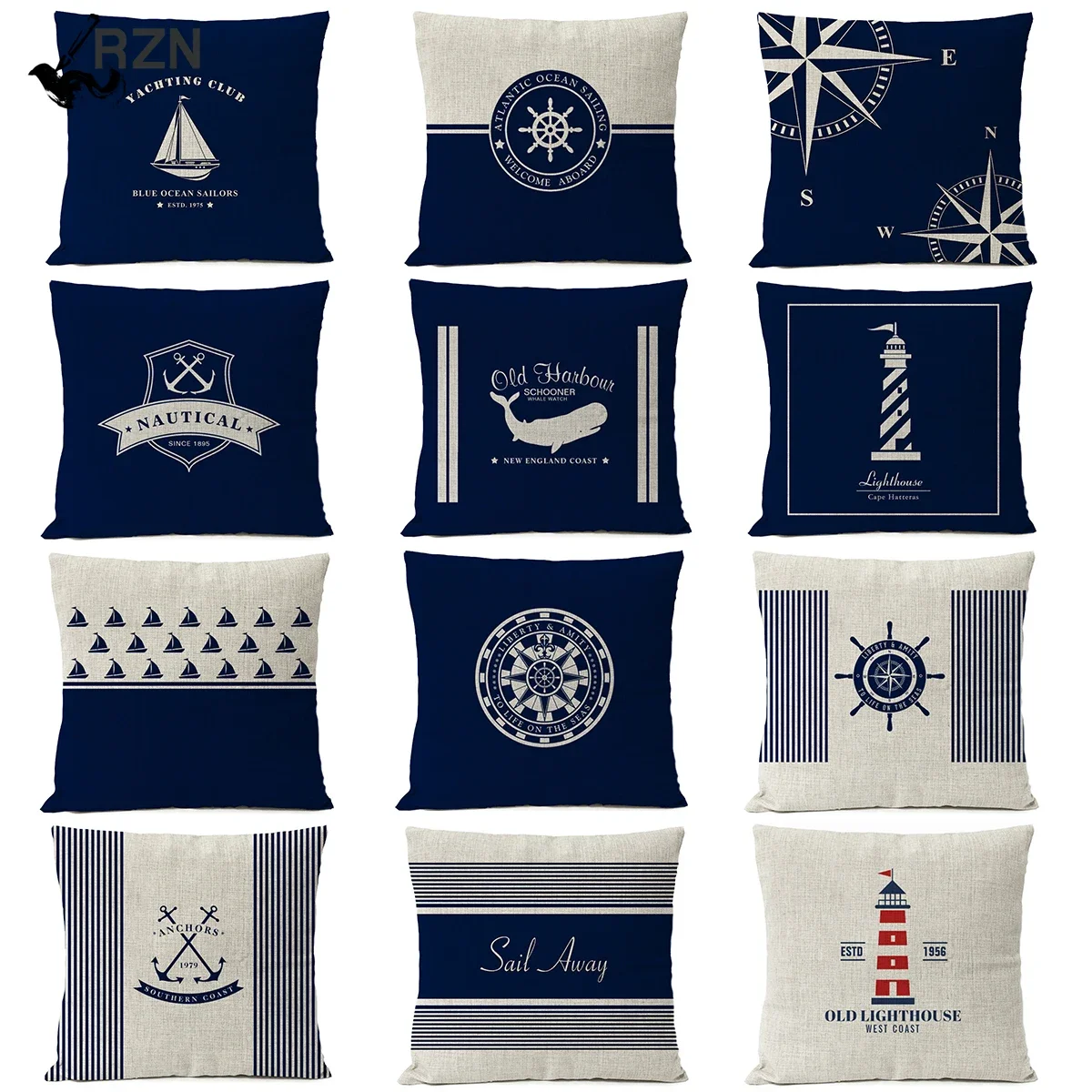 

Navigation Blue Compass Anchor Pillow Cover Nautical Shell Fish Linen Pillow Case Home Decorative Mediterranean cushion cover