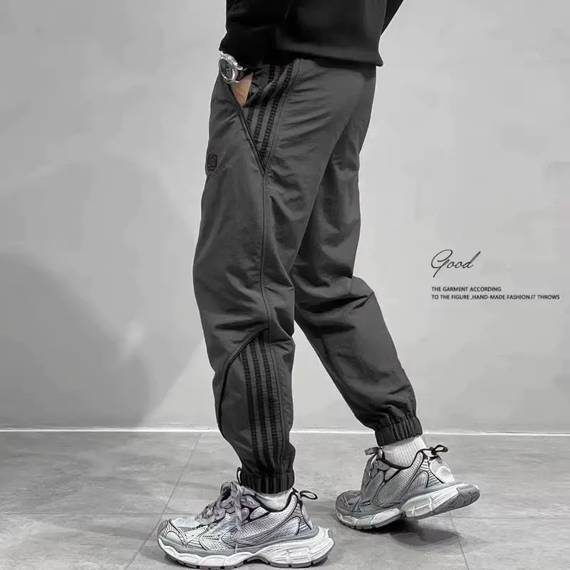 2024 Summer New Men's Ice Shreds Trousers Contrast Color Spliced Elastic Drawstring Loose Trendy Striped Sweatpants Pants