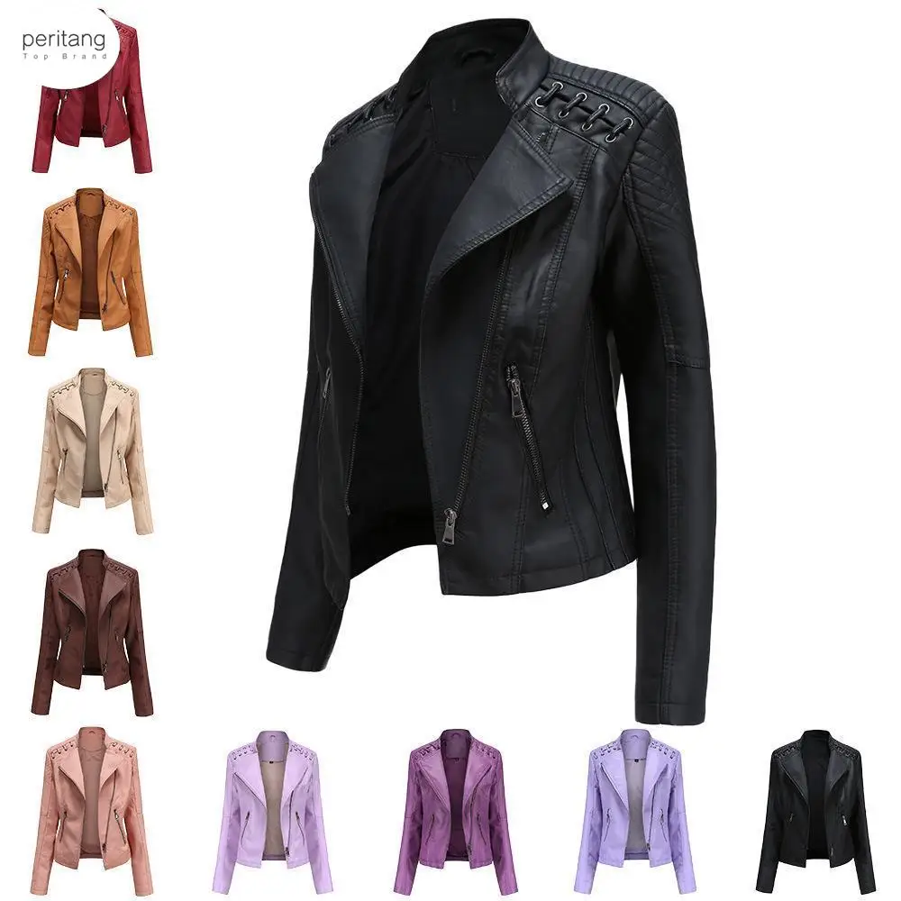 

New 2024 Turn-down Collar PU faux Leather Jackets Women Luxury Jacket Black Pink Red Biker Coat