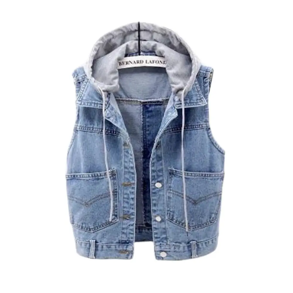 

Denim Vest Women Spring Autumn Coat Sleeveless Wild Tops Hooded Jacket Women Denim Jeans Waistcoat Outerwear Female Ripped 5XL