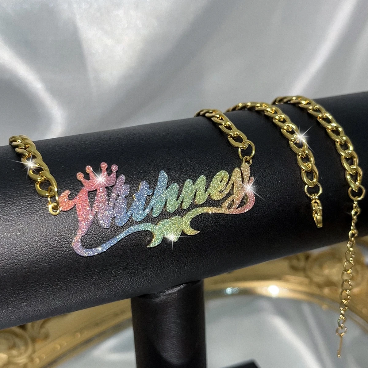 Personalized Name Necklace Custom Colored Bling Name Necklaces Gold Stainless Steel Cuban Chain for Women Necklace Jewelry Gift