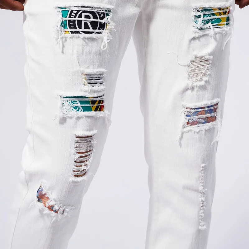 White Elastic Hot Diamond Denim Ripped Patch Skinny Pants Men