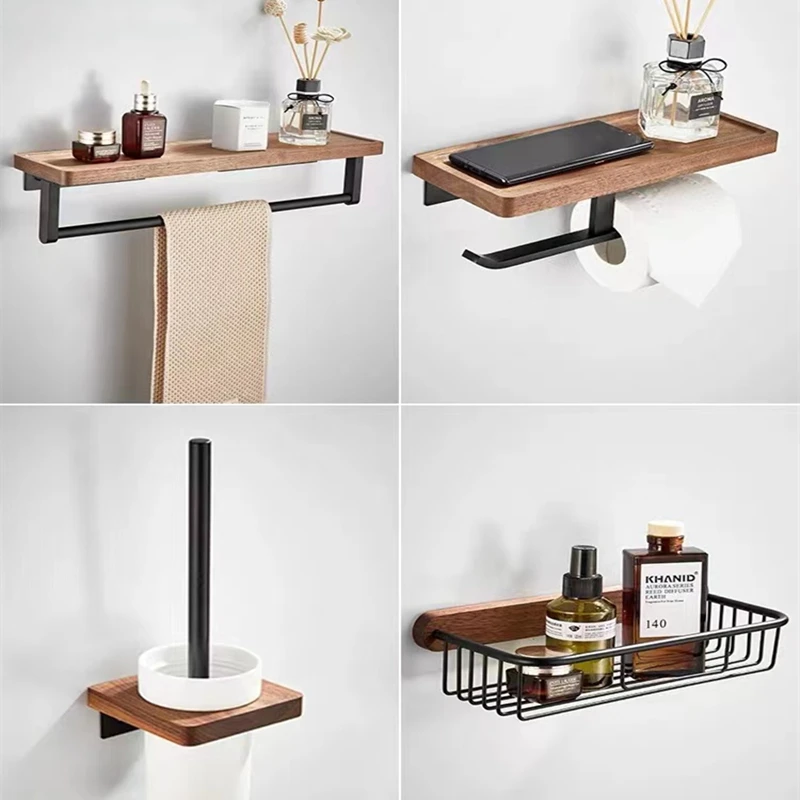 Walnut Wood Black Bathroom Hardware Set Towel Rack Toilet Paper Holder Towel Bar Robe Hook Shelf Bathroom Accessories toilet paper holder towel hook bathroom hardware set bathroom hardware accessories