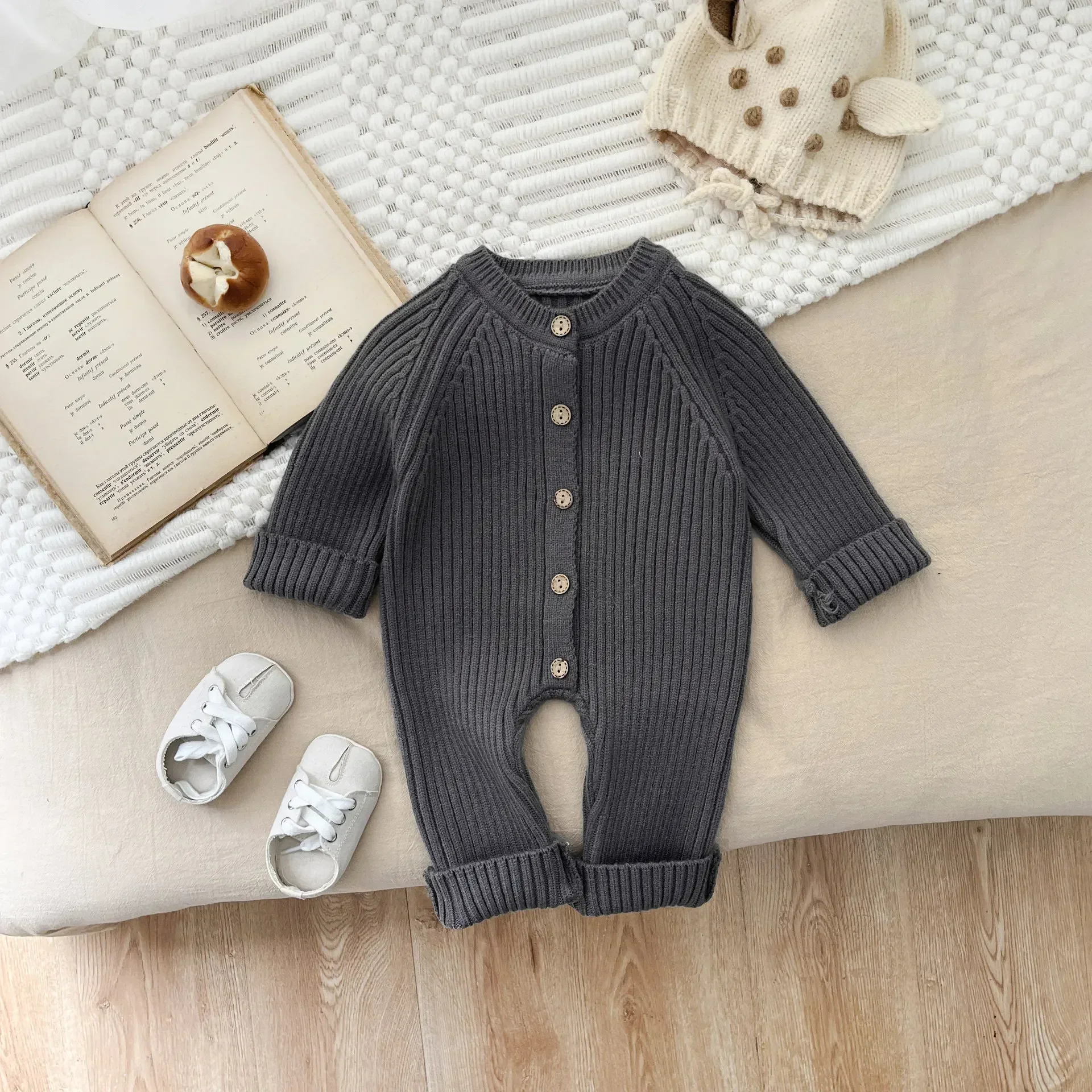 4614 Baby Jumpsuit 2024 Autumn and Winter New Solid Color Baby Boy's Knitting Climbing Clothes 3