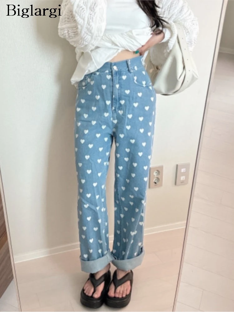 

Jeans High Waist Spring Summer Long Wide Leg Pant Women Love Print Fashion Casual Ladies Trousers Korean Loose Woman Pants