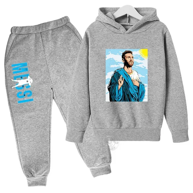 thumbnail image 1 of Conjunto de sudadera con capucha y pantalones deportivos para niños de otoño e invierno, conjunto deportivo de dos piezas para niños y niñas, ropa para bebés con estampado de Messi, 1 of 5