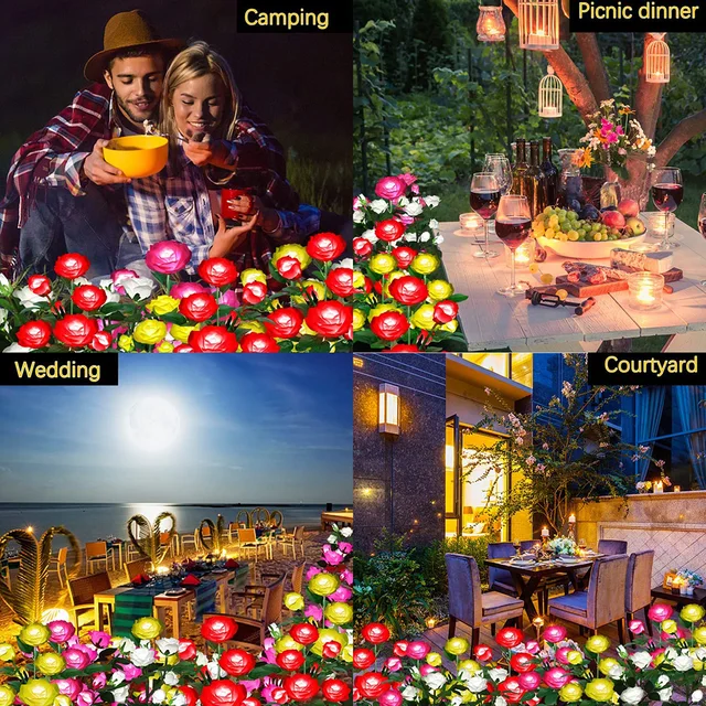 Luces solares decorativas para exteriores, lámpara de flores rosas para césped, Patio, decoración de jardín, 5 cabezales - Imagen 5