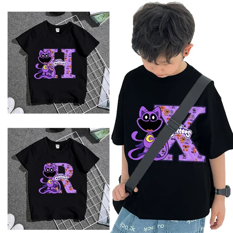 스마일 크리터 어린이 티셔츠, 만화 의류, 반팔, 애니메이션 캣닙 레터 A-Z 프린트 부티크 탑, 원형 유아 티 