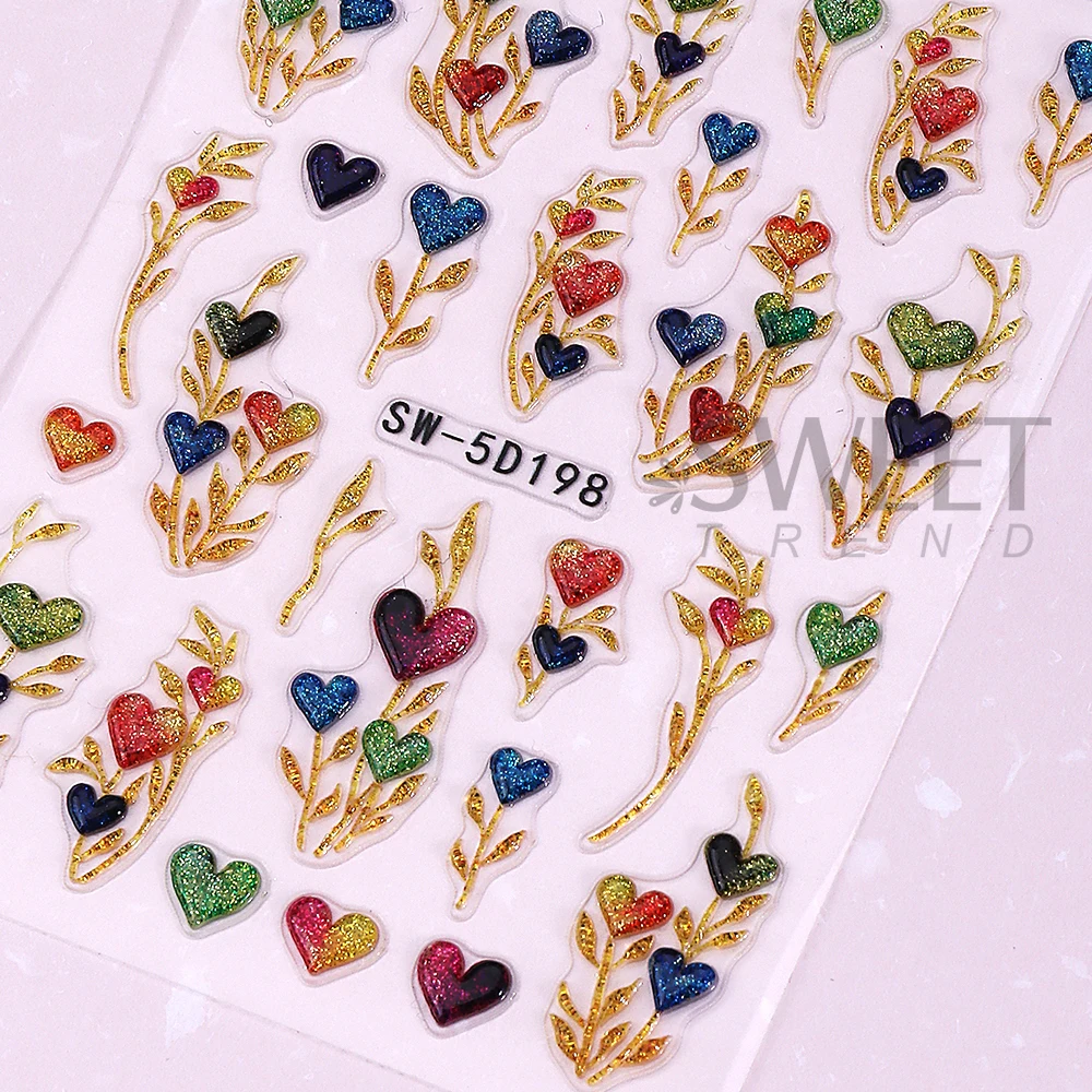 1/3pcs 5D Glitter Love Heart Nail Stickers Adhesive Bohemian Sun Moon Star Nail Slider Decals Valentine's Day Manicure DIY Decor