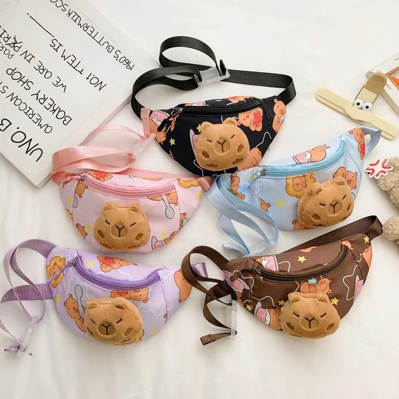 Cartoon Capybara Children's Chest Bag with Plush Doll Simple Shoulder Bag Adjustable Shoulder Strap Large Capacity Waist Bag
