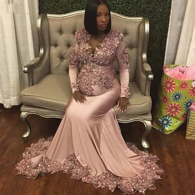 Økonomi millimeter Vædde Plus Size Maternity Evening Dresses Mermaid Lace African Pink Beaded Long  Sleeve Formal Prom Gown For Pregnant Women - AliExpress