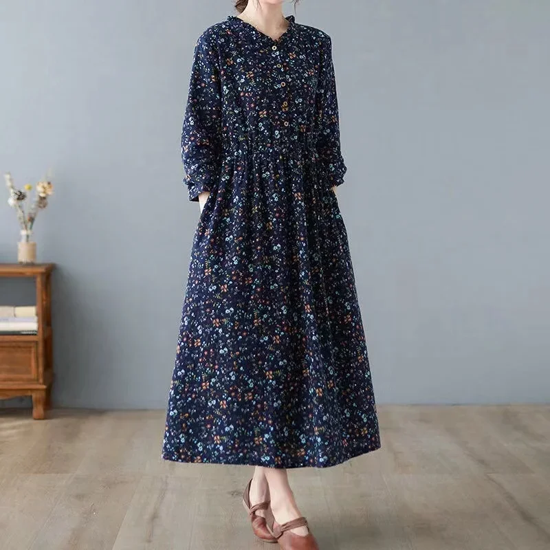 

Lotus leaf collar dress female and fall new literary drawstring waist cotton long-sleeved small flowers bottoming dresses ZL15