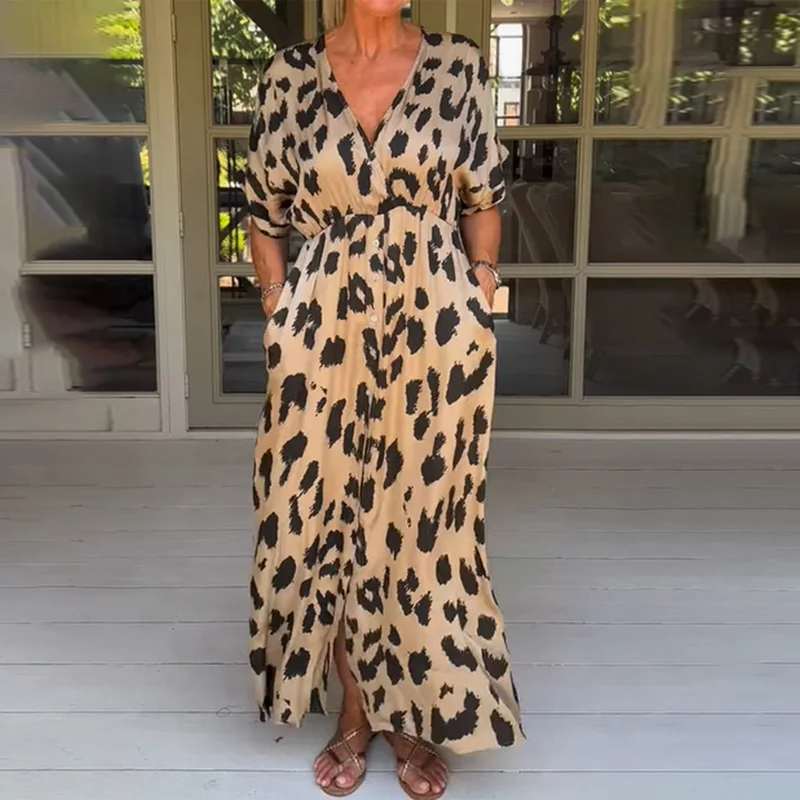 

Women Beach Loose Casual Leopard Print A-Line Dress Female Autumn Sexy V-Neck Button Long Dress Summer Short Sleeve Shirt Dress
